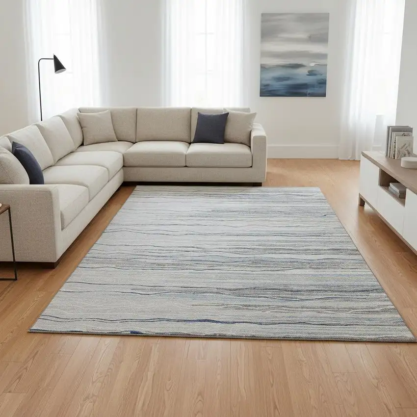 Gray Blue And Ivory Striped Washable Area Rug With UV Protection Photo 2