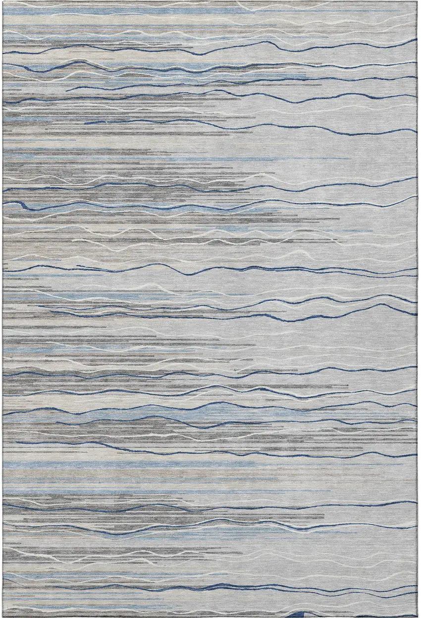 Gray Blue And Ivory Striped Washable Area Rug With UV Protection Photo 3