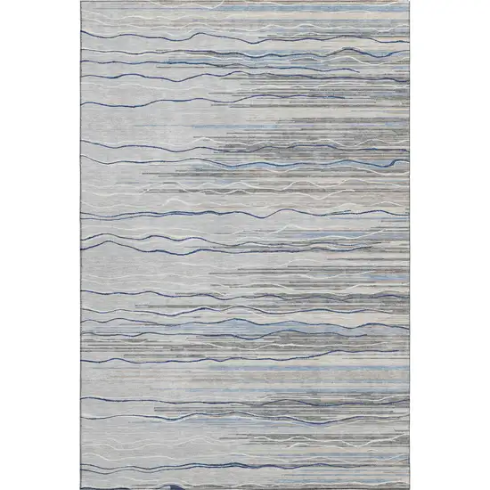Gray Blue And Ivory Striped Washable Area Rug With UV Protection Photo 1