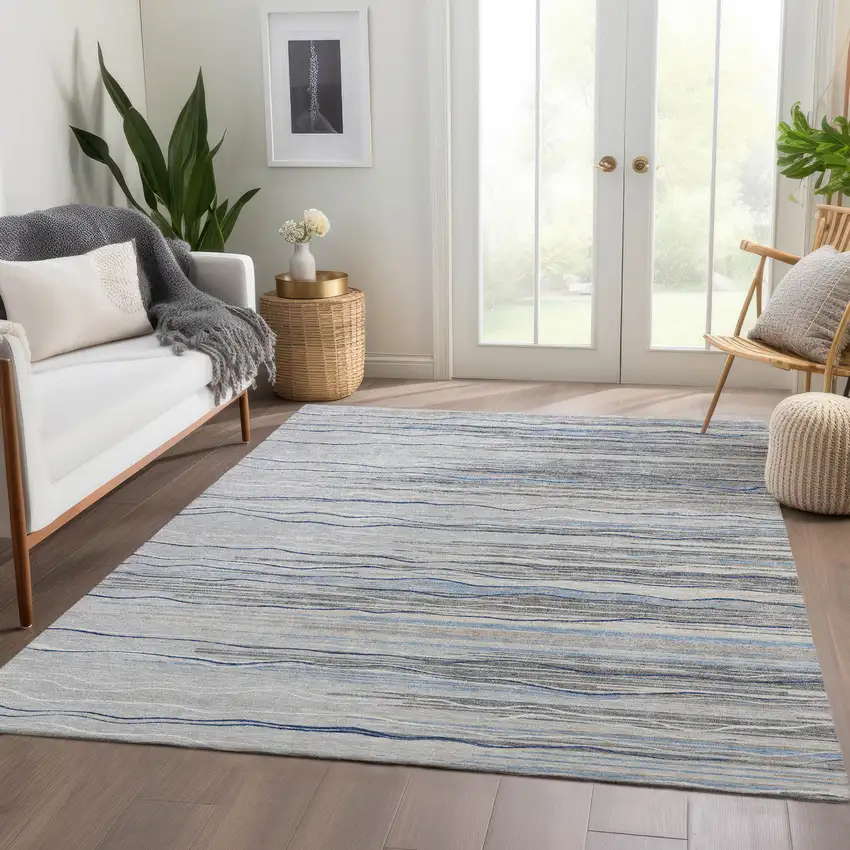 Gray Blue And Ivory Striped Washable Area Rug With UV Protection Photo 5
