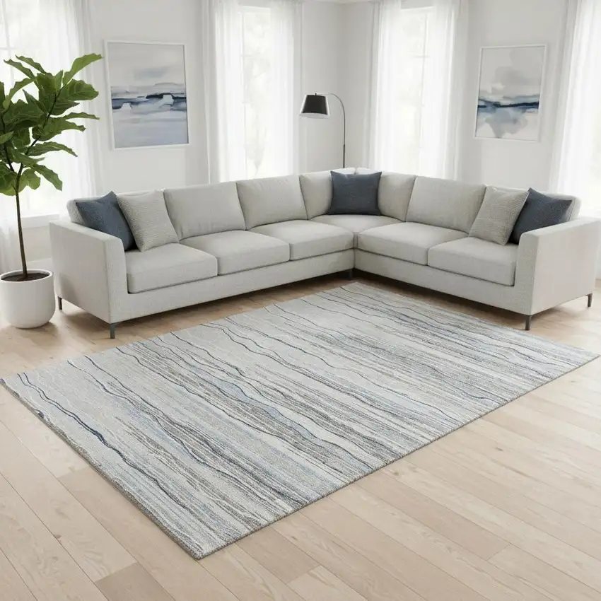 Gray Blue And Ivory Striped Washable Area Rug With UV Protection Photo 2