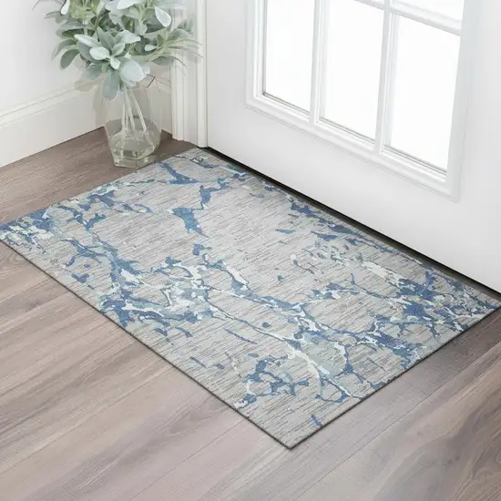 Gray Blue And Ivory Striped Washable Area Rug With UV Protection Photo 2