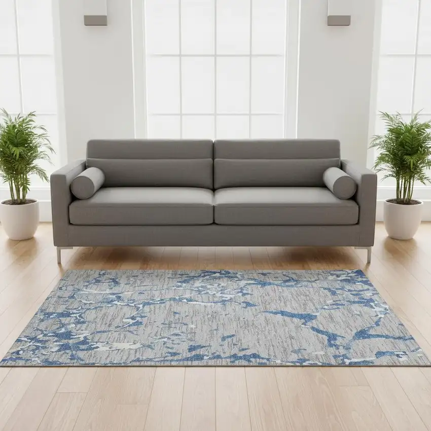 Gray Blue And Ivory Striped Washable Area Rug With UV Protection Photo 2