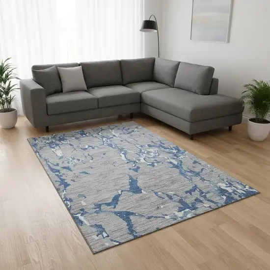 Gray Blue And Ivory Striped Washable Area Rug With UV Protection Photo 2