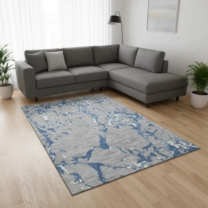 Gray Blue And Ivory Striped Washable Area Rug With UV Protection Photo 2