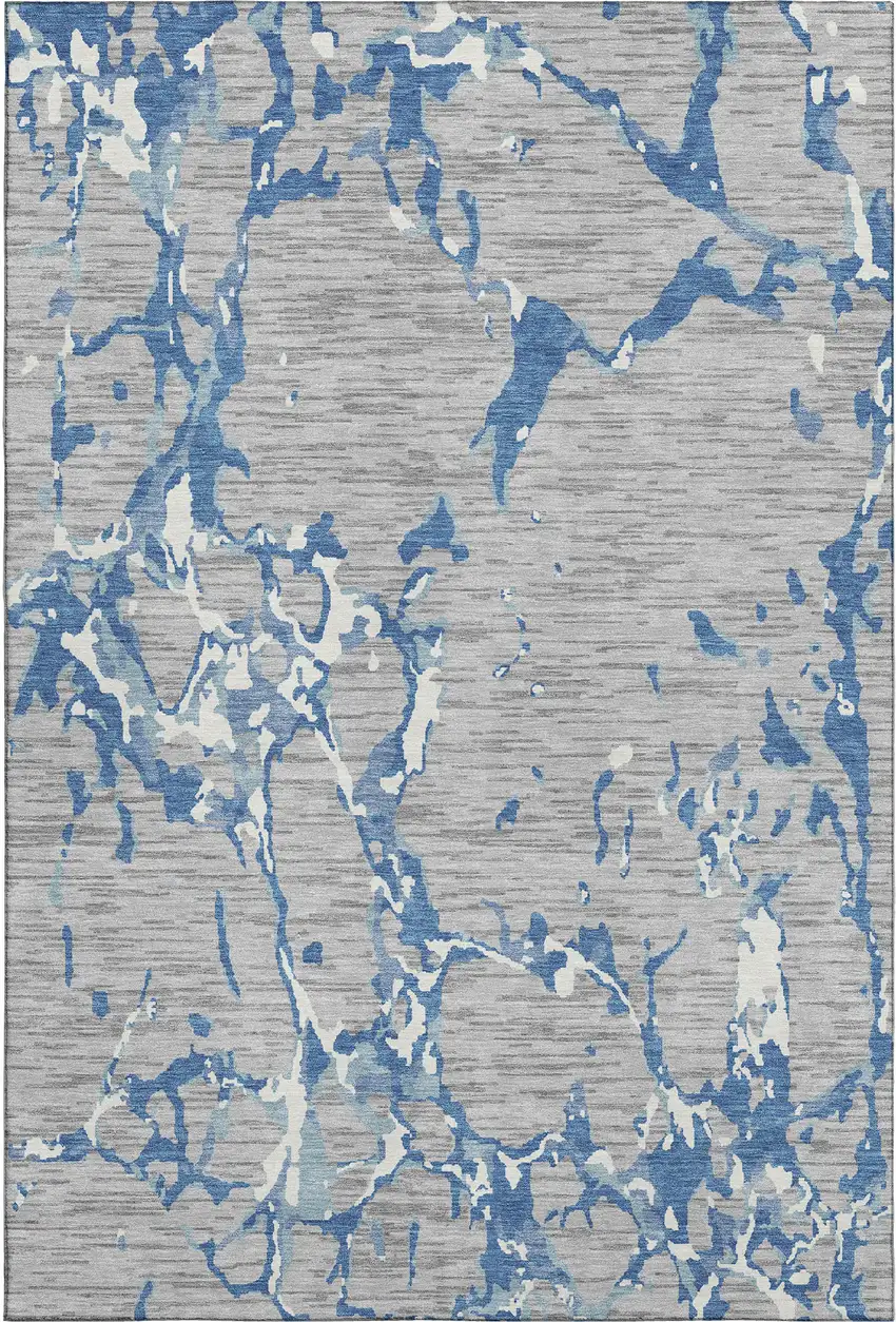 Gray Blue And Ivory Striped Washable Area Rug With UV Protection Photo 1