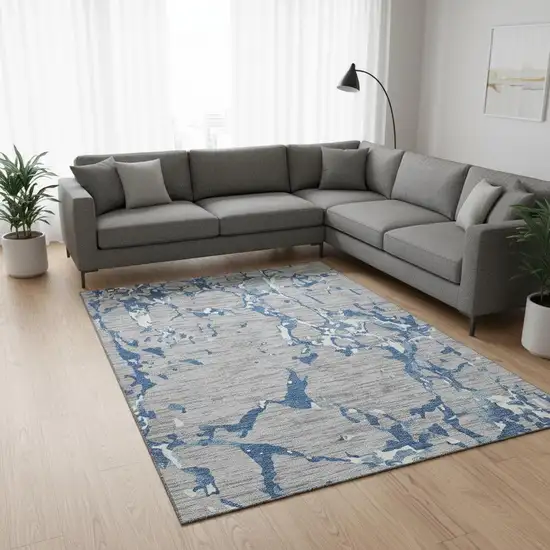 Gray Blue And Ivory Striped Washable Area Rug With UV Protection Photo 2