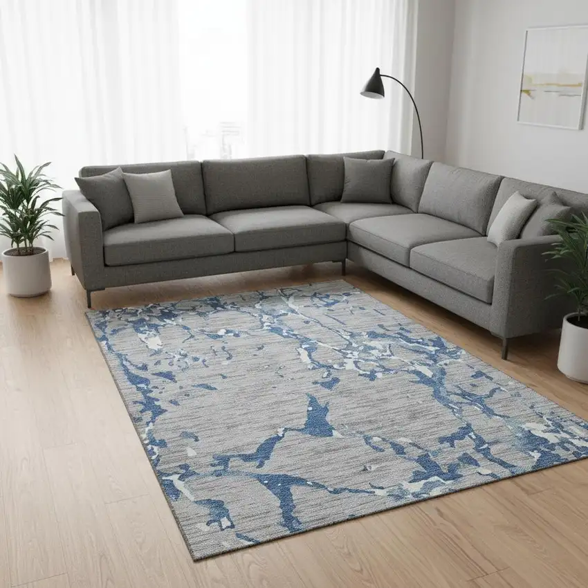 Gray Blue And Ivory Striped Washable Area Rug With UV Protection Photo 2