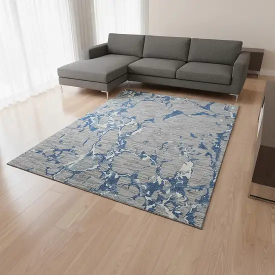 Gray Blue And Ivory Striped Washable Area Rug With UV Protection Photo 2