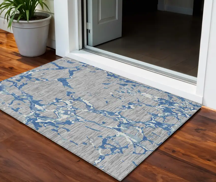 Gray Blue And Ivory Striped Washable Indoor Outdoor Area Rug Photo 1