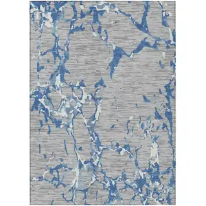 Photo of Gray Blue And Ivory Striped Washable Indoor Outdoor Area Rug
