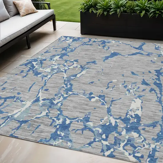 Gray Blue And Ivory Striped Washable Indoor Outdoor Area Rug Photo 1