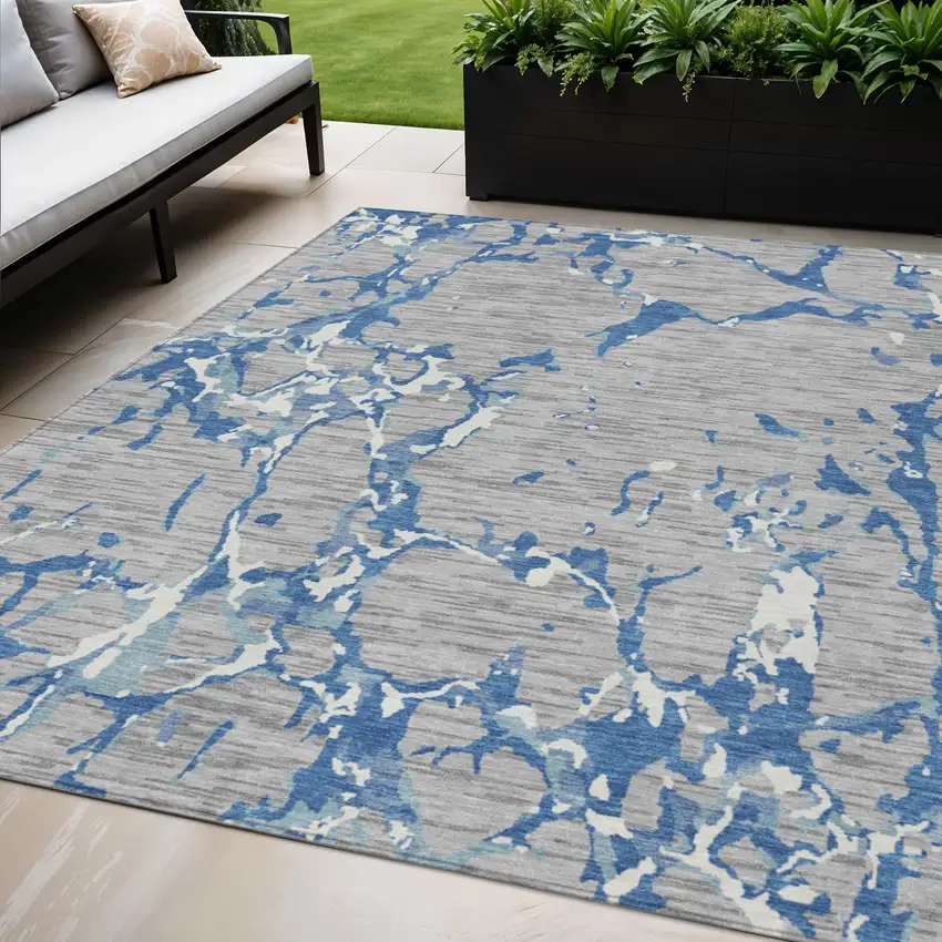 Gray Blue And Ivory Striped Washable Indoor Outdoor Area Rug Photo 1