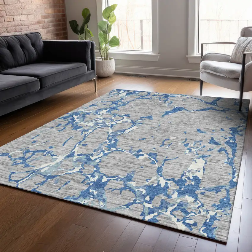 Gray Blue And Ivory Striped Washable Indoor Outdoor Area Rug Photo 9