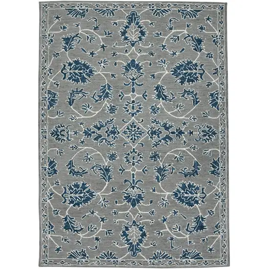 Gray Blue And Ivory Wool Floral Hand Hooked Area Rug Photo 4