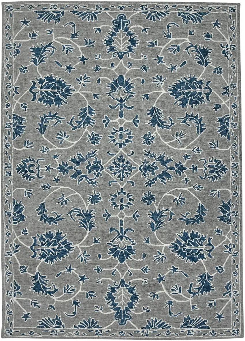 Gray Blue And Ivory Wool Floral Hand Hooked Area Rug Photo 4