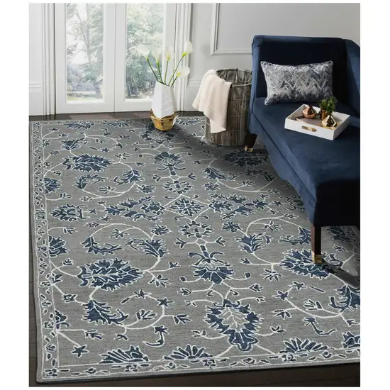 Gray Blue And Ivory Wool Floral Hand Hooked Area Rug Photo 7
