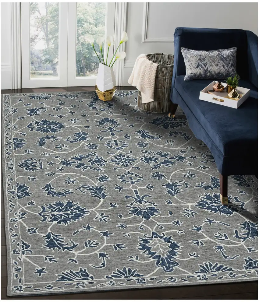 Gray Blue And Ivory Wool Floral Hand Hooked Area Rug Photo 7