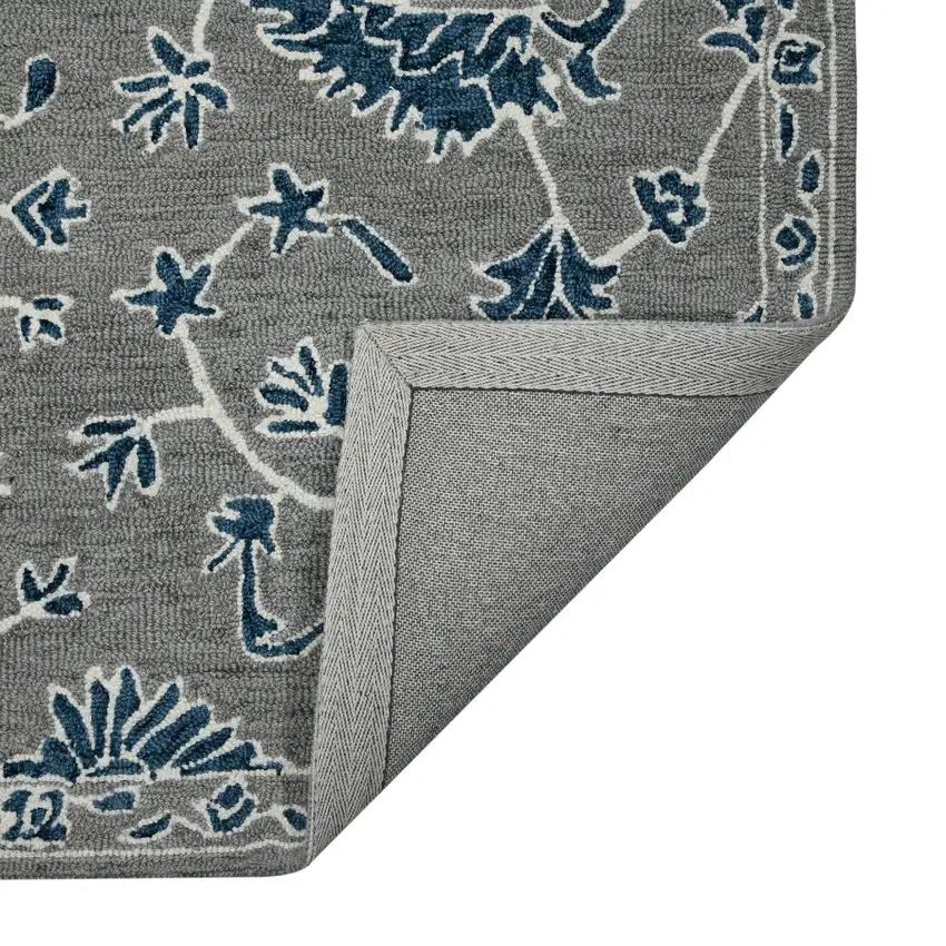 Gray Blue And Ivory Wool Floral Hand Hooked Area Rug Photo 6