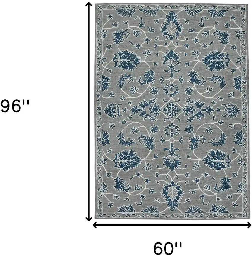 Gray Blue And Ivory Wool Floral Hand Hooked Area Rug Photo 8