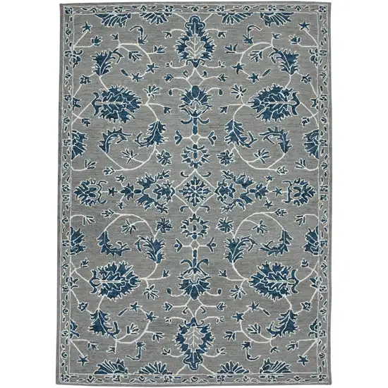 Gray Blue And Ivory Wool Floral Hand Hooked Area Rug Photo 3