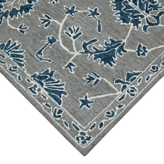 Gray Blue And Ivory Wool Floral Hand Hooked Area Rug Photo 5