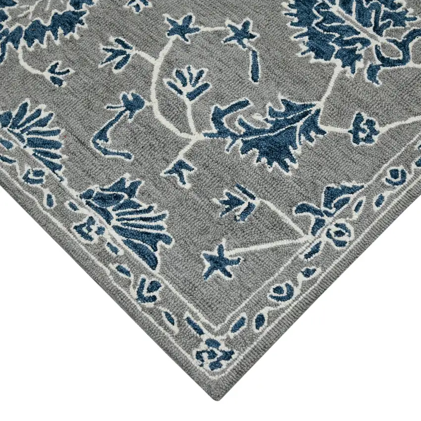Gray Blue And Ivory Wool Floral Hand Hooked Area Rug Photo 5