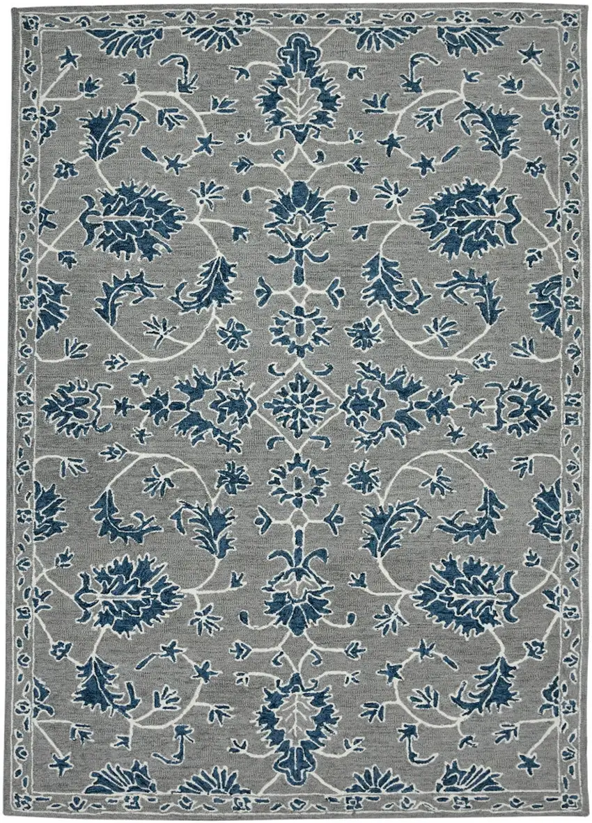 Gray Blue And Ivory Wool Floral Hand Hooked Area Rug Photo 2