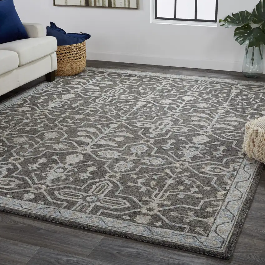 Blue Gray And Charcoal Wool Floral Hand Tufted Area Rug Photo 6