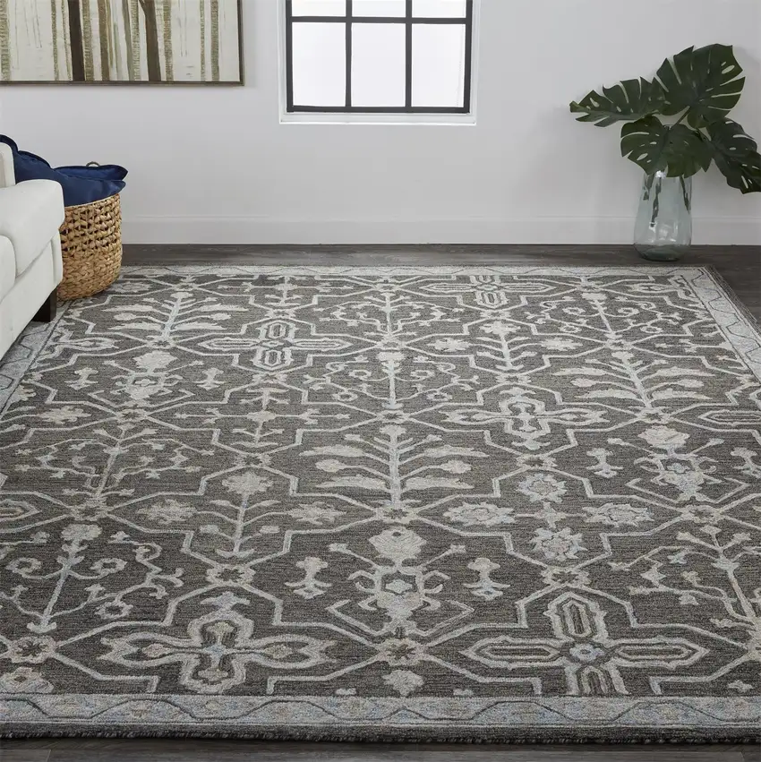 Blue Gray And Charcoal Wool Floral Hand Tufted Area Rug Photo 5