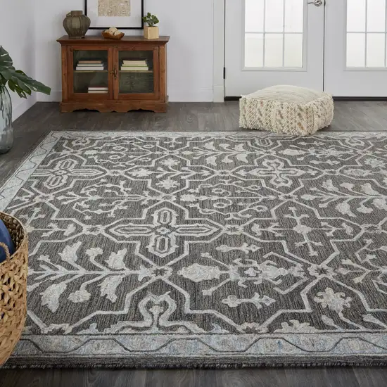 Blue Gray And Charcoal Wool Floral Hand Tufted Area Rug Photo 7