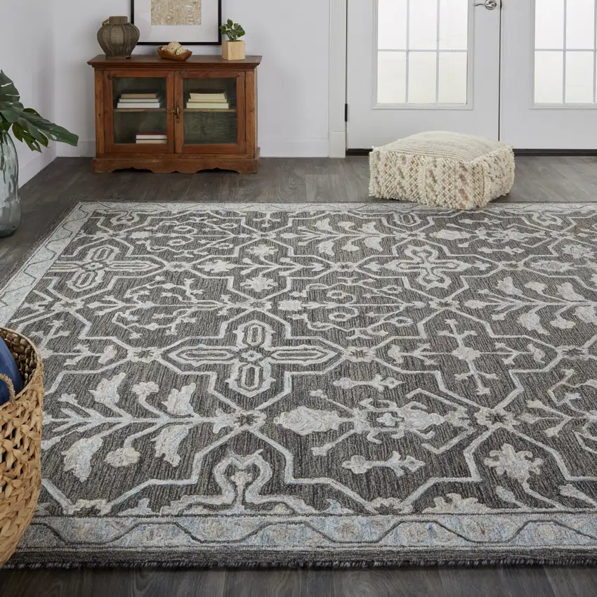 Blue Gray And Charcoal Wool Floral Hand Tufted Area Rug Photo 7