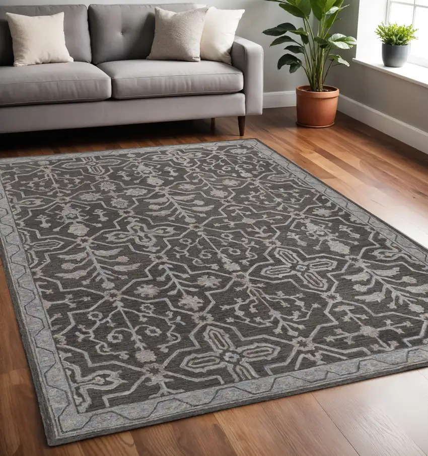 Blue Gray And Charcoal Wool Floral Hand Tufted Area Rug Photo 1