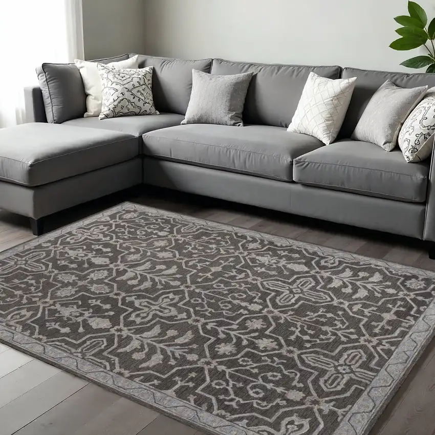 Blue Gray And Charcoal Wool Floral Hand Tufted Area Rug Photo 1