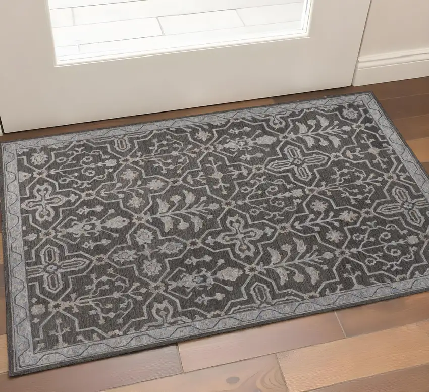 Blue Gray And Charcoal Wool Floral Hand Tufted Area Rug Photo 1