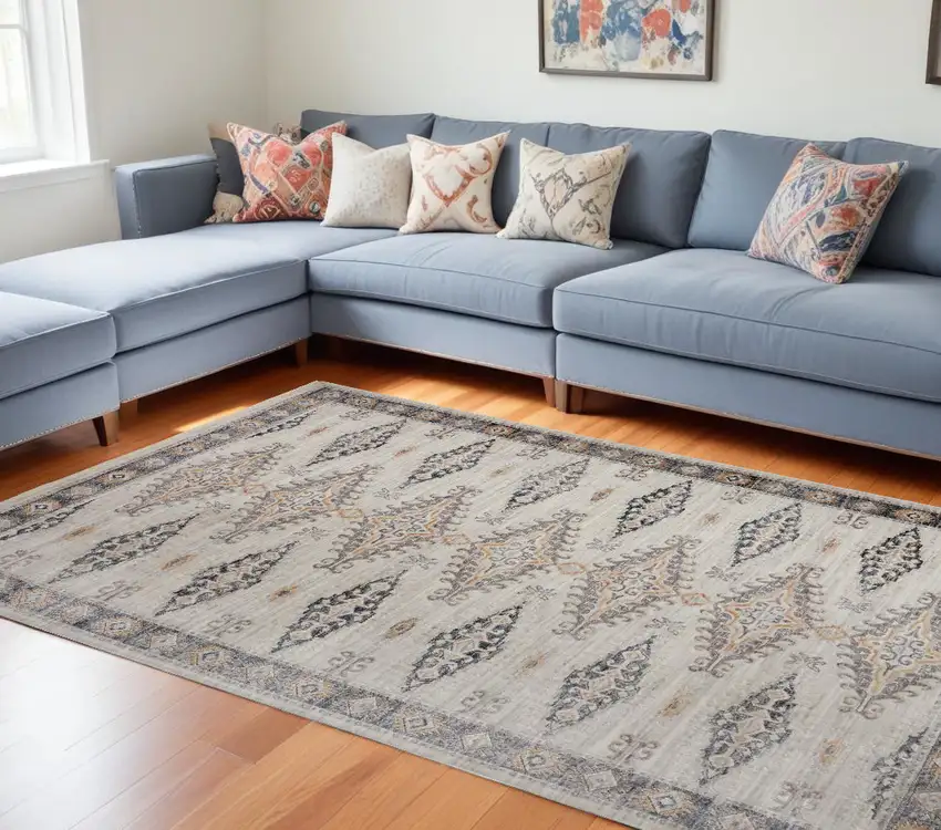 Gray Blue And Orange Floral Stain Resistant Area Rug Photo 1