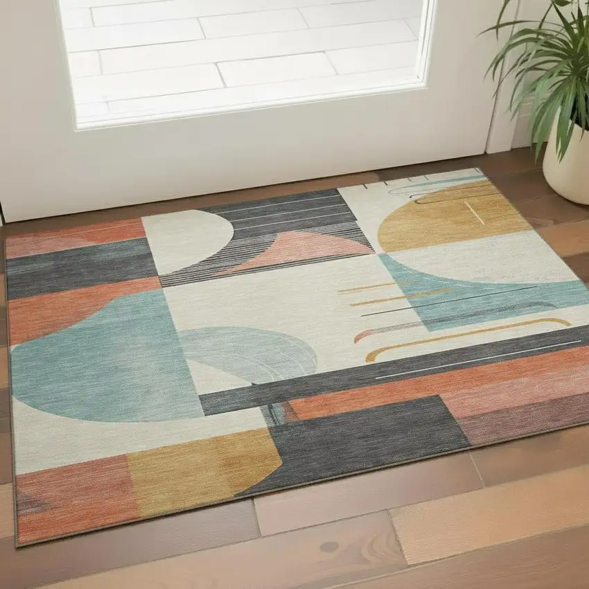 Gray Blue And Orange Geometric Washable Area Rug With UV Protection Photo 2