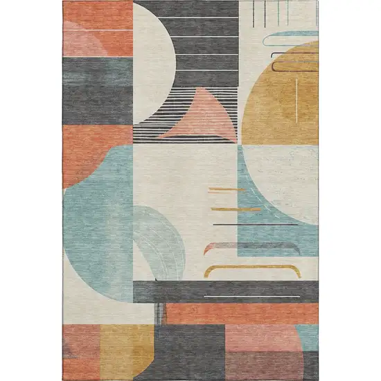 Gray Blue And Orange Geometric Washable Area Rug With UV Protection Photo 1