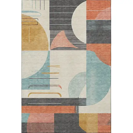 Gray Blue And Orange Geometric Washable Area Rug With UV Protection Photo 3