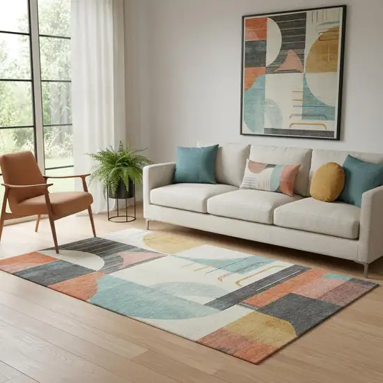 Gray Blue And Orange Geometric Washable Area Rug With UV Protection Photo 2