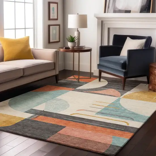 Gray Blue And Orange Geometric Washable Area Rug With UV Protection Photo 5