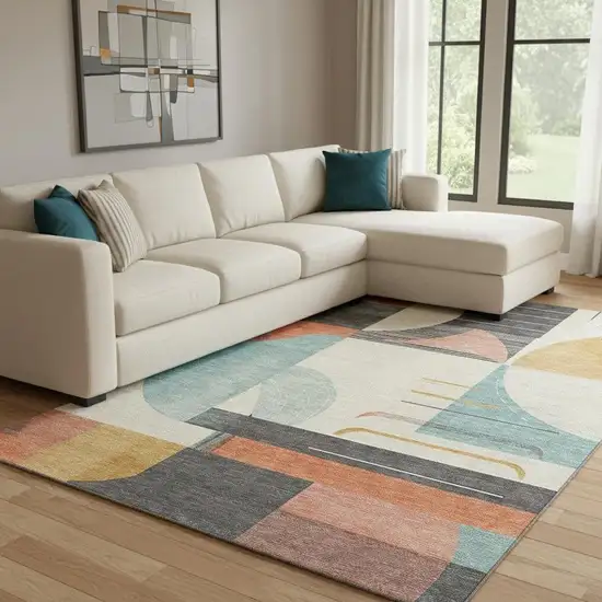 Gray Blue And Orange Geometric Washable Area Rug With UV Protection Photo 2