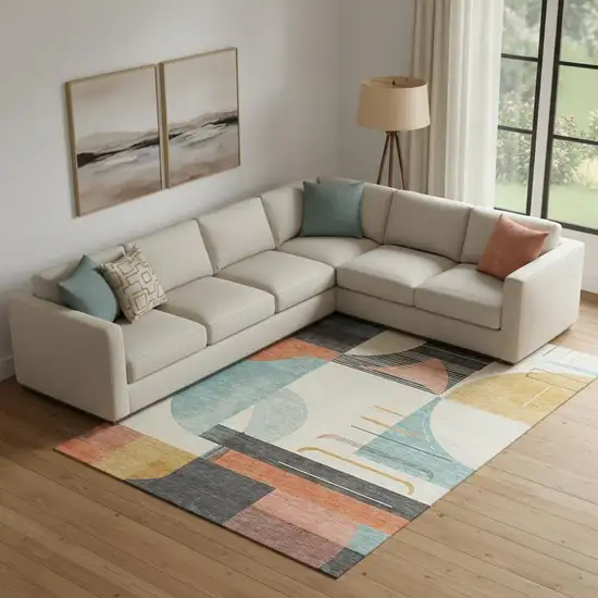 Gray Blue And Orange Geometric Washable Area Rug With UV Protection Photo 2