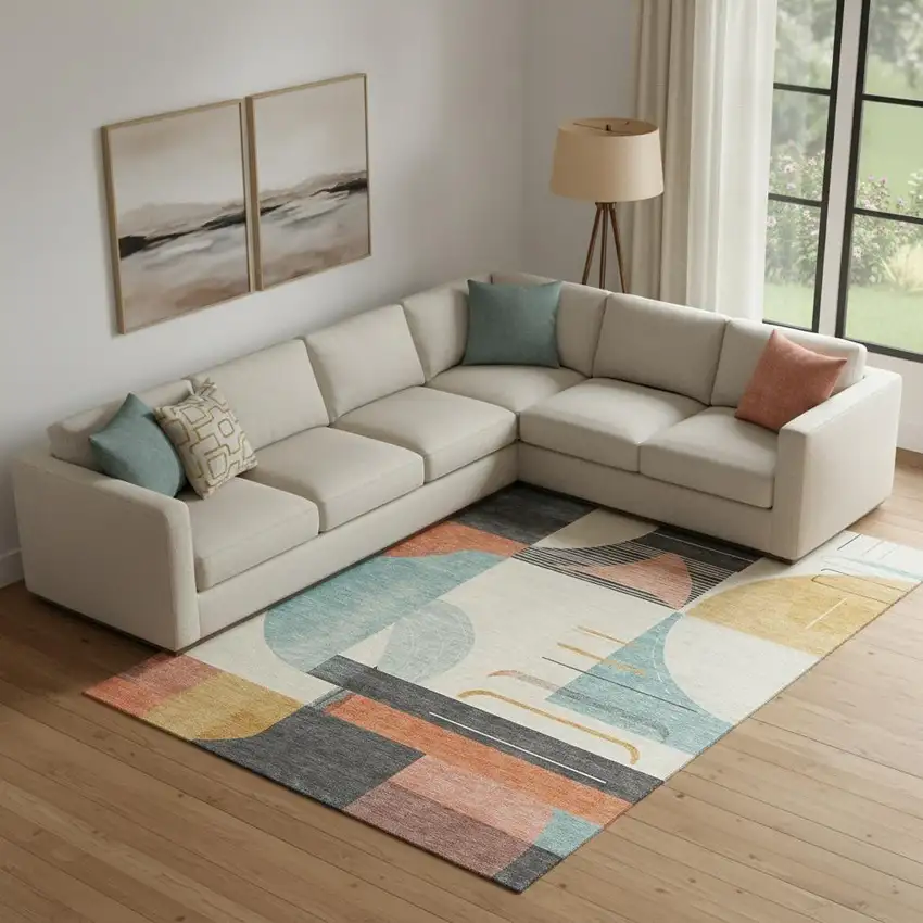 Gray Blue And Orange Geometric Washable Area Rug With UV Protection Photo 2