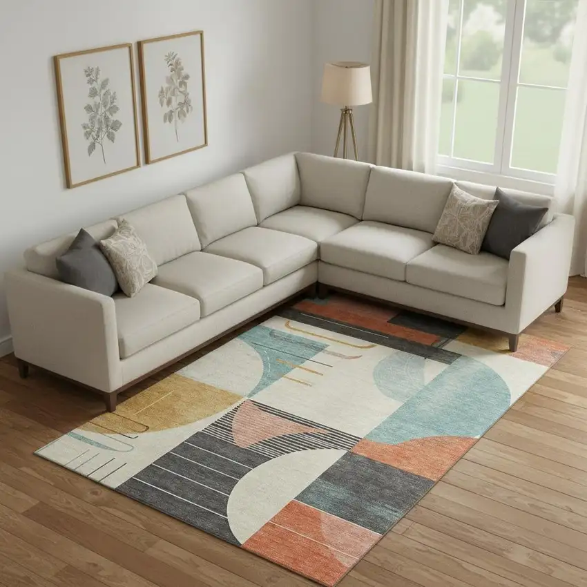 Gray Blue And Orange Geometric Washable Area Rug With UV Protection Photo 2
