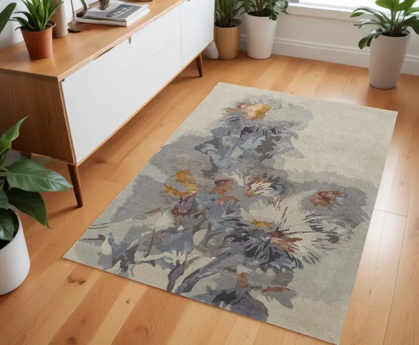 Blue and Gray Wool Floral Hand Tufted Area Rug Photo 1