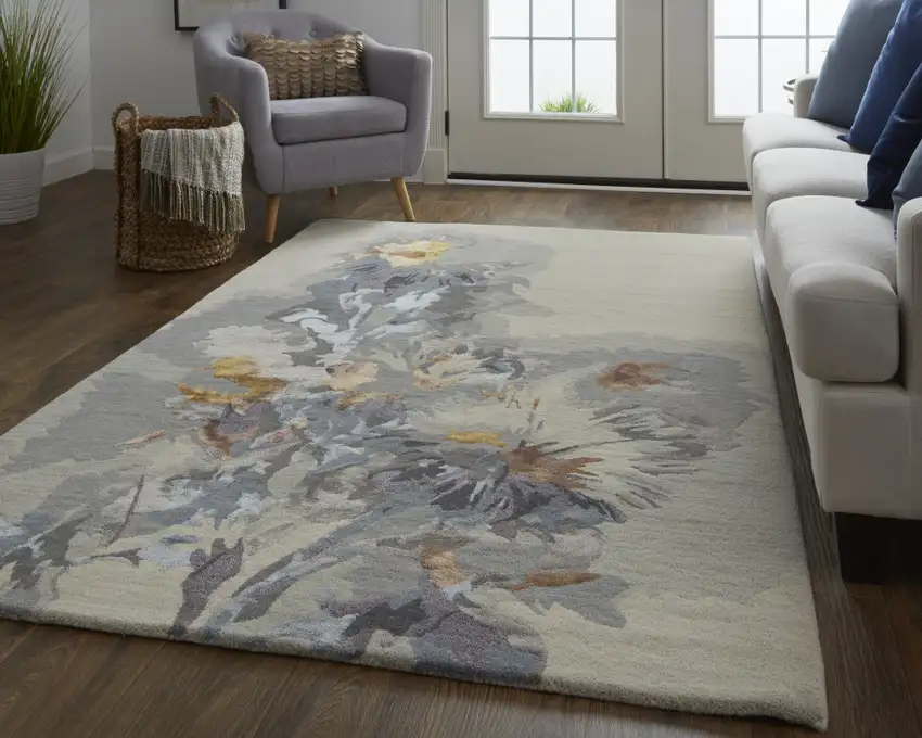 Gray Blue And Orange Wool Floral Tufted Handmade Area Rug Photo 6