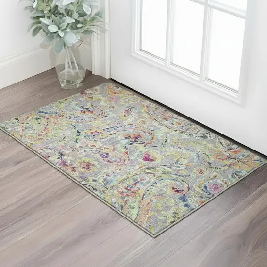 Gray Blue And Pink Paisley Washable Area Rug With UV Protection Photo 2