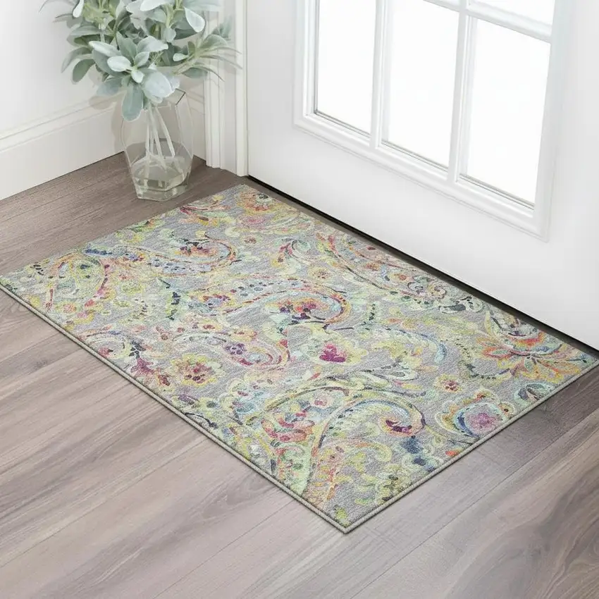 Gray Blue And Pink Paisley Washable Area Rug With UV Protection Photo 2
