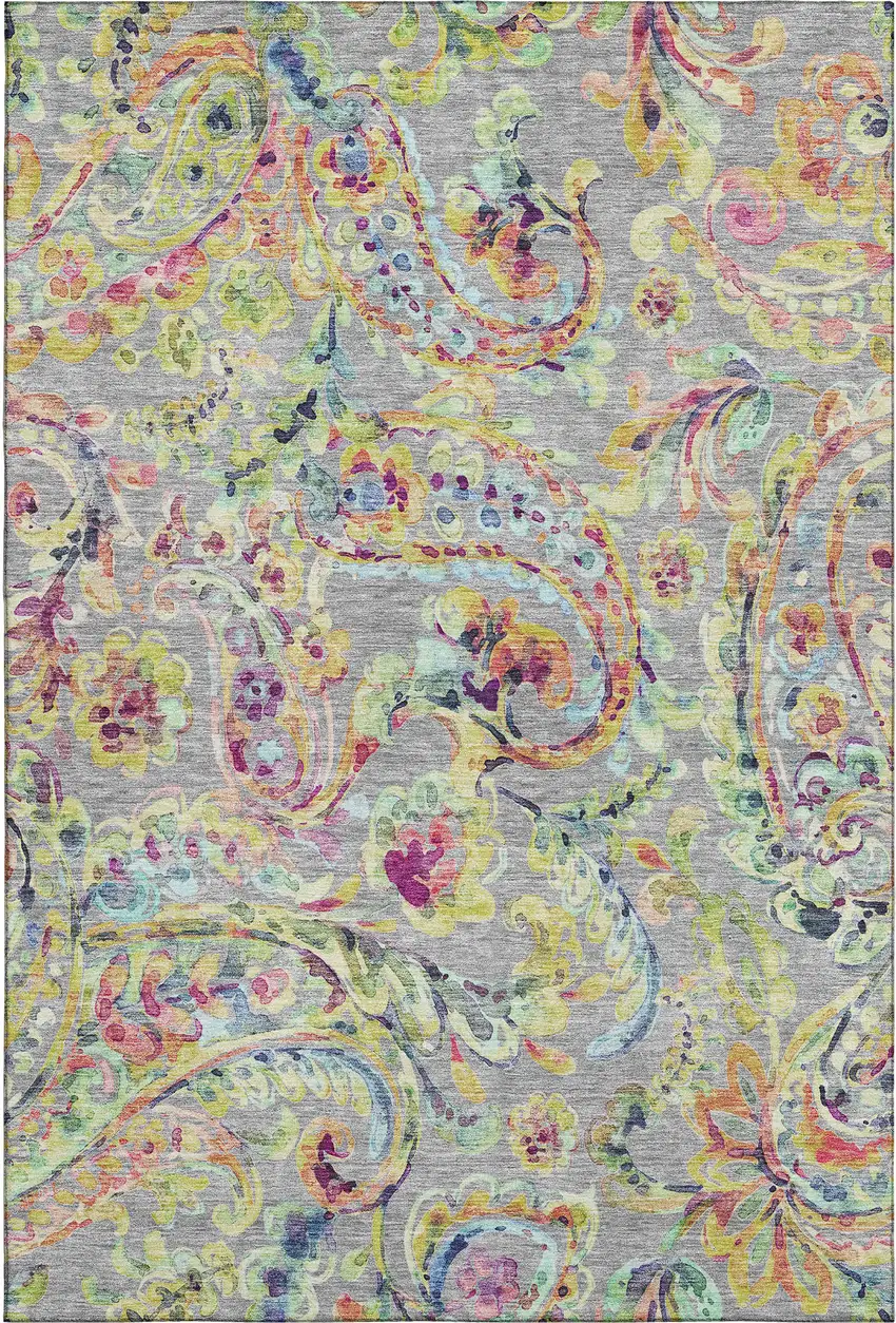 Gray Blue And Pink Paisley Washable Area Rug With UV Protection Photo 1